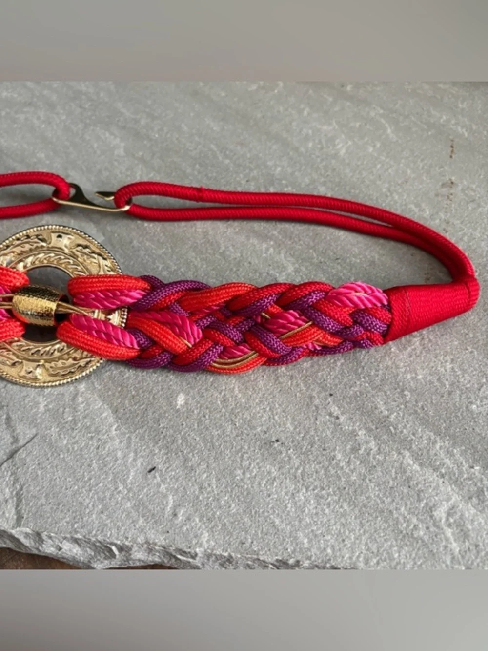 Vintage 80s Statement Boho Red Purple Pink Braided Waist Belt Gold Medallion‎